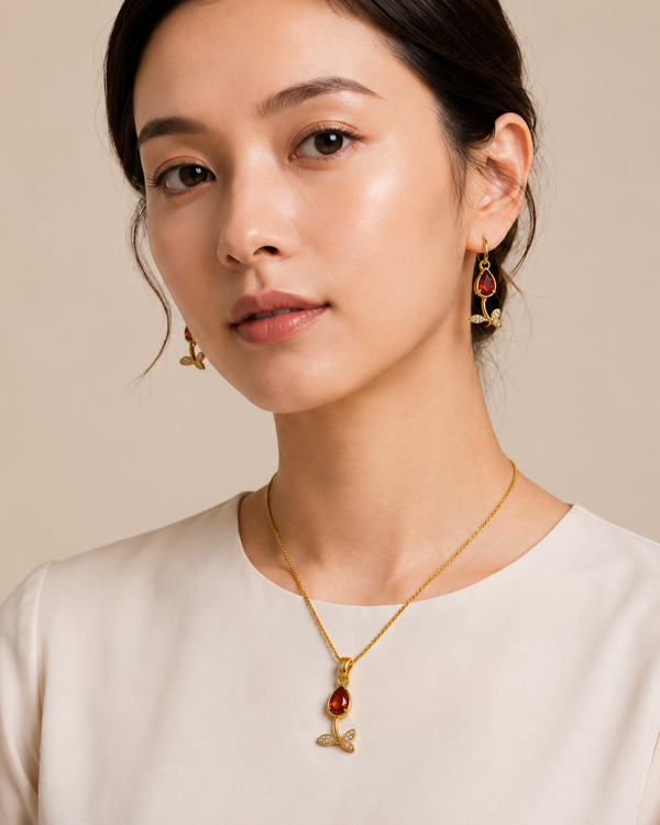 KAAVRI Red Stone Necklace & Earring Set for Women (Gold)