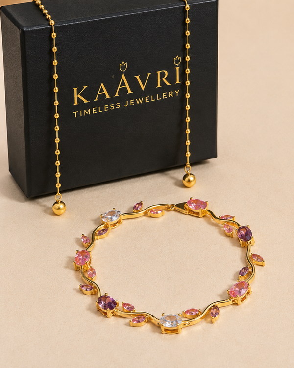 KAAVRI Gold Plated Tulip Bracelet - Pink Stones for Women