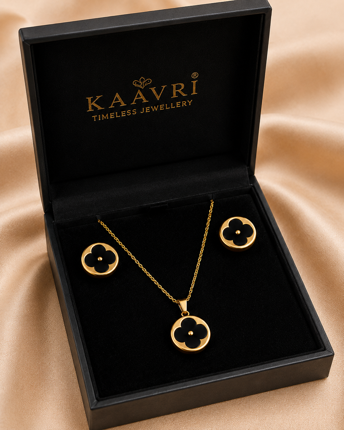 KAAVRI Black Clover Necklace & Earring Set for Women (Gold)