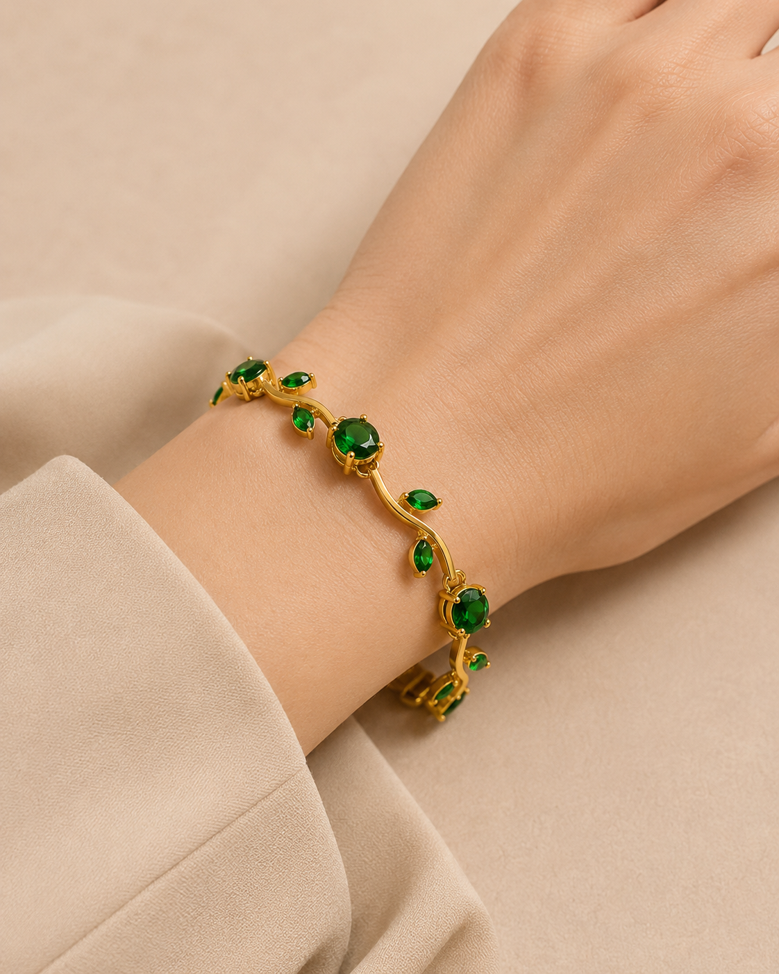 KAAVRI Gold Plated Tulip Bracelet - Green Stones for Women
