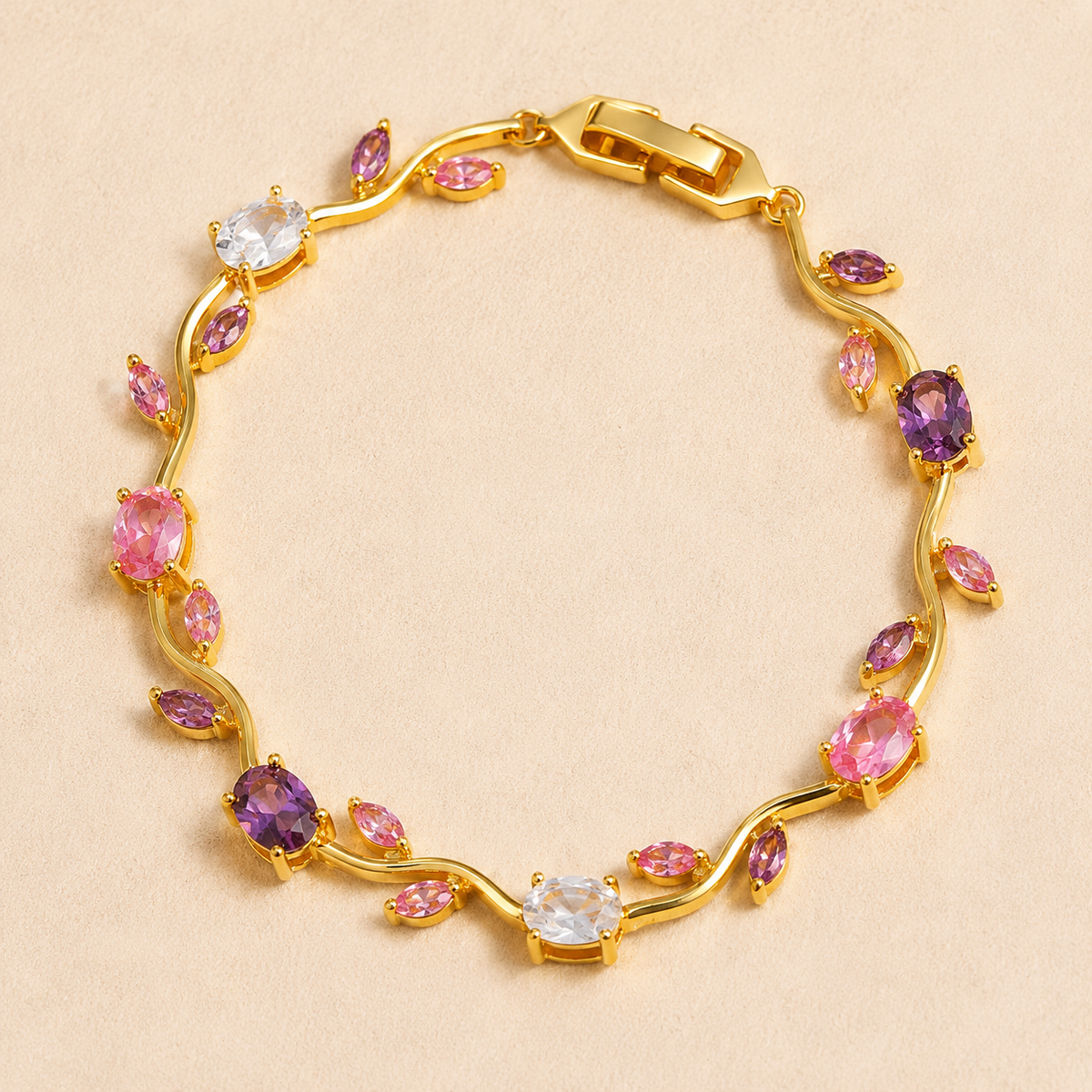 KAAVRI Gold Plated Tulip Bracelet - Pink Stones for Women
