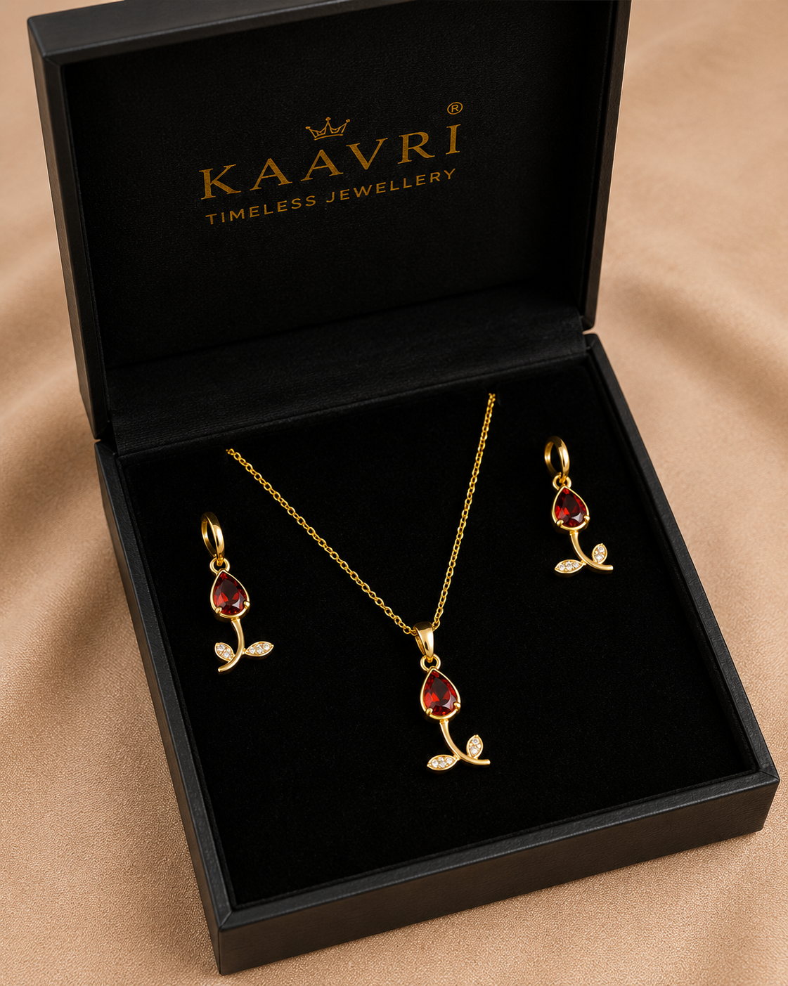 KAAVRI Red Stone Necklace & Earring Set for Women (Gold)