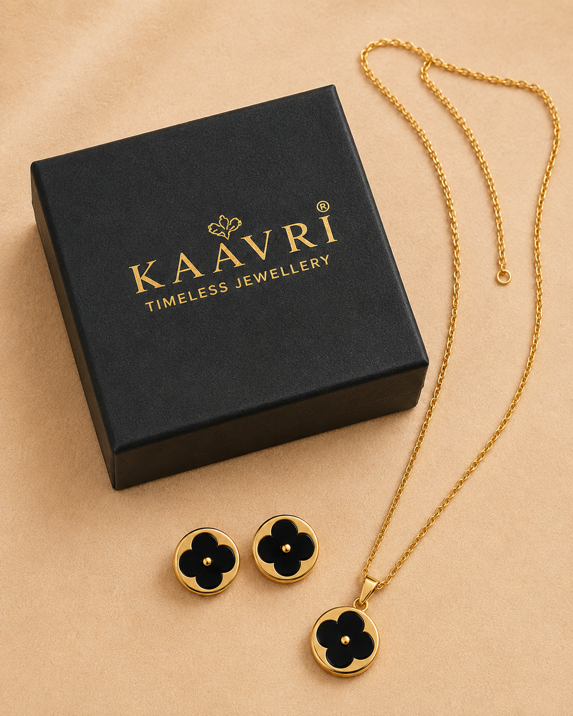 KAAVRI Black Clover Necklace & Earring Set for Women (Gold)