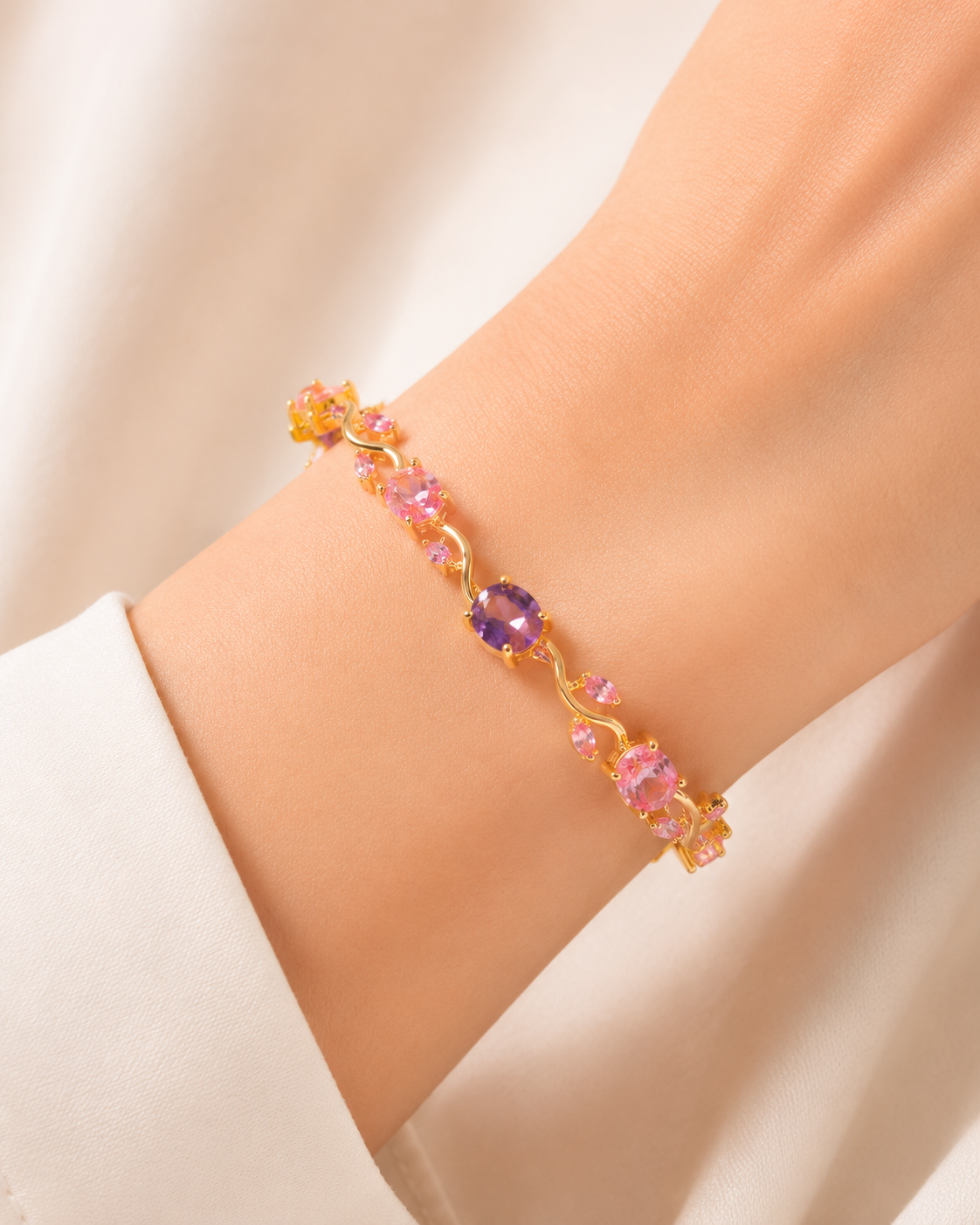 KAAVRI Gold Plated Tulip Bracelet - Pink Stones for Women