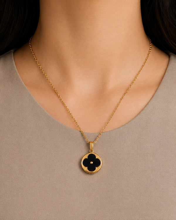 KAAVRI Black Clover Necklace & Earring Set for Women (Gold)