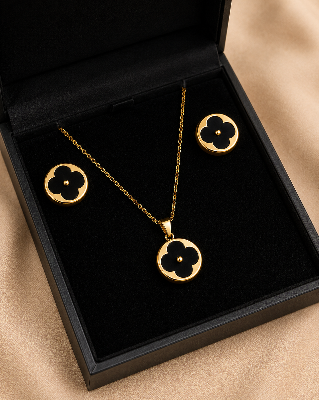KAAVRI Black Clover Necklace & Earring Set for Women (Gold)