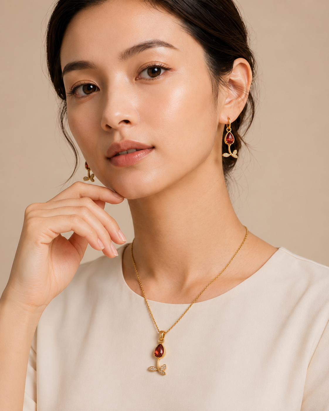 KAAVRI Red Stone Necklace & Earring Set for Women (Gold)