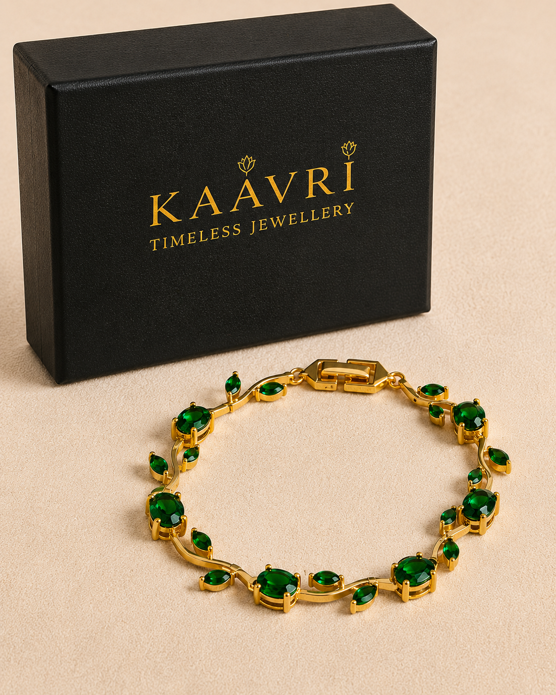 KAAVRI Gold Plated Tulip Bracelet - Green Stones for Women