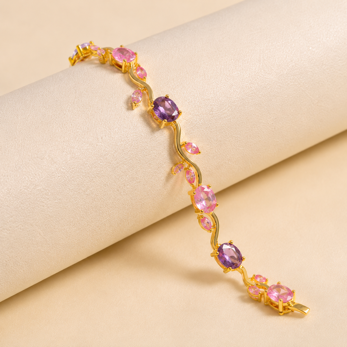 KAAVRI Gold Plated Tulip Bracelet - Pink Stones for Women