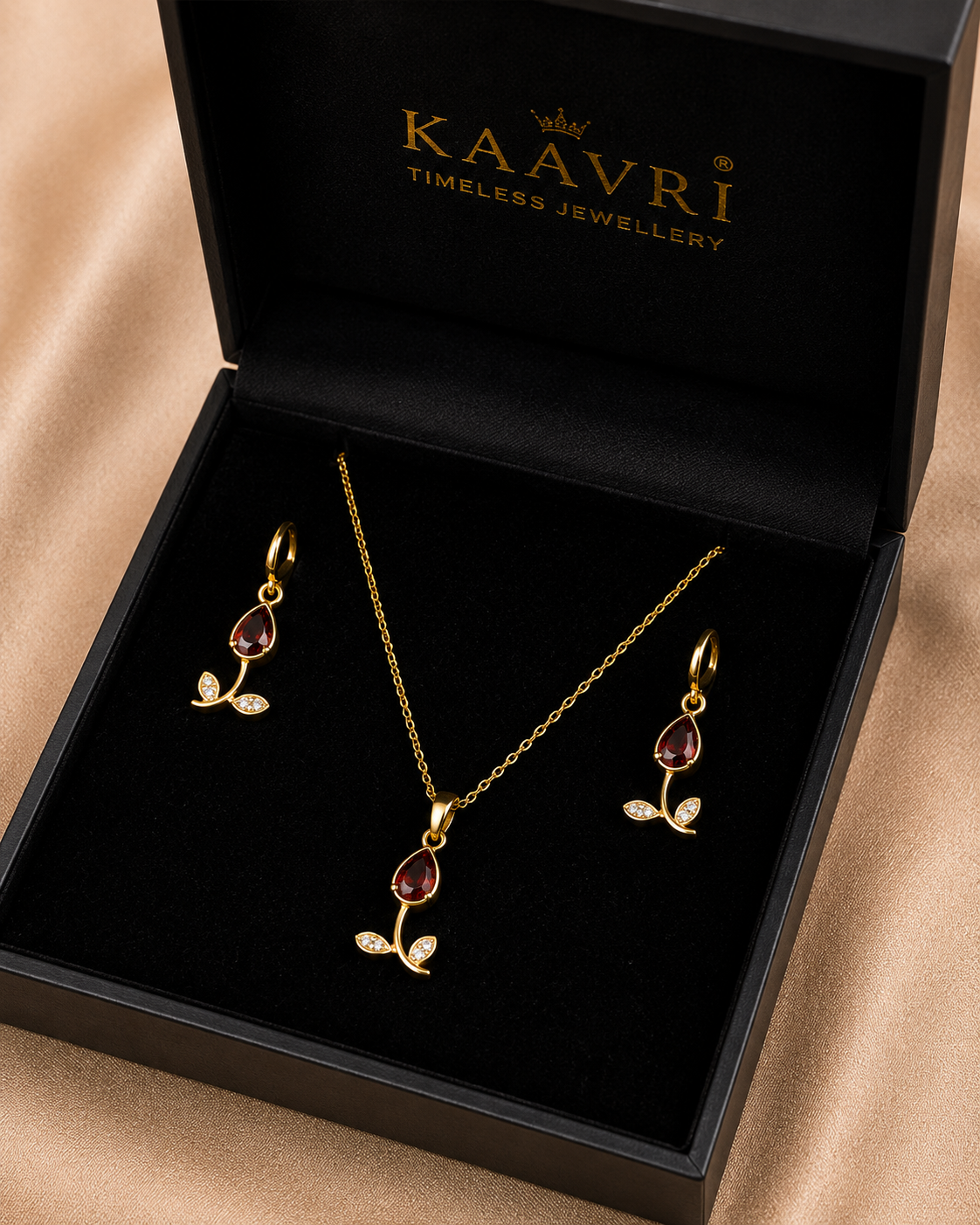 KAAVRI Red Stone Necklace & Earring Set for Women (Gold)