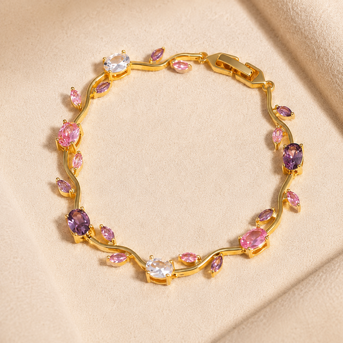 KAAVRI Gold Plated Tulip Bracelet - Pink Stones for Women